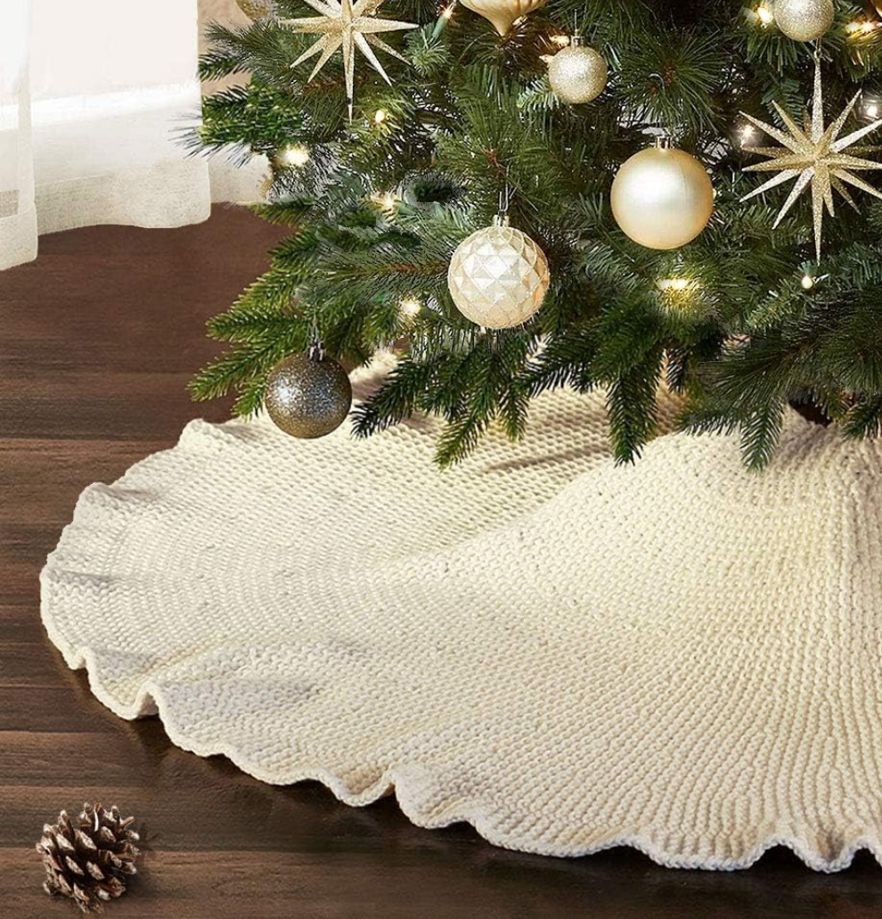 Knit Tree Skirt Ruffled Christmas Tree Skirt White 48 Inches Knitted Thick Rustic Xmas Holiday Decoration Large Xmas Tree Collar Mat Ivory White