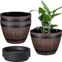 VECELO Plant Pots with Drainage Holes & Saucer, 13 Inch Flower Pots with Tray, 3 Pack Plastic Whiskey Barrel Planters for Indoor & Outdoor Garden Home Plants and Flowers