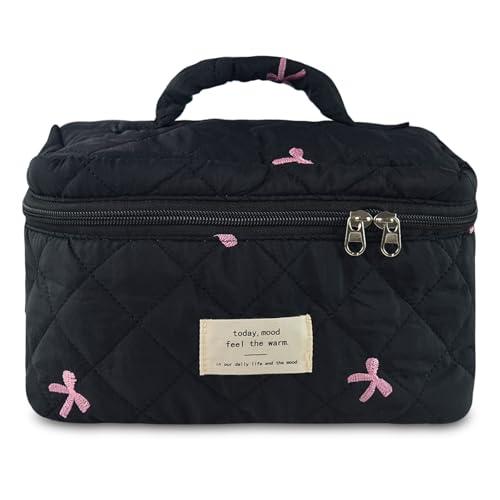GISMTR Makeup Bag, Quilted Bow Cosmetic Bag, Large Travel Aesthetic Make up Bag, Cute Coquette Toiletry Pouch for Women Girls