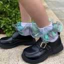 6 Pairs Girls White Ruffle Socks Toddler Big Double Shimmering Lace Turn Cuff Dress Socks (Green, S)