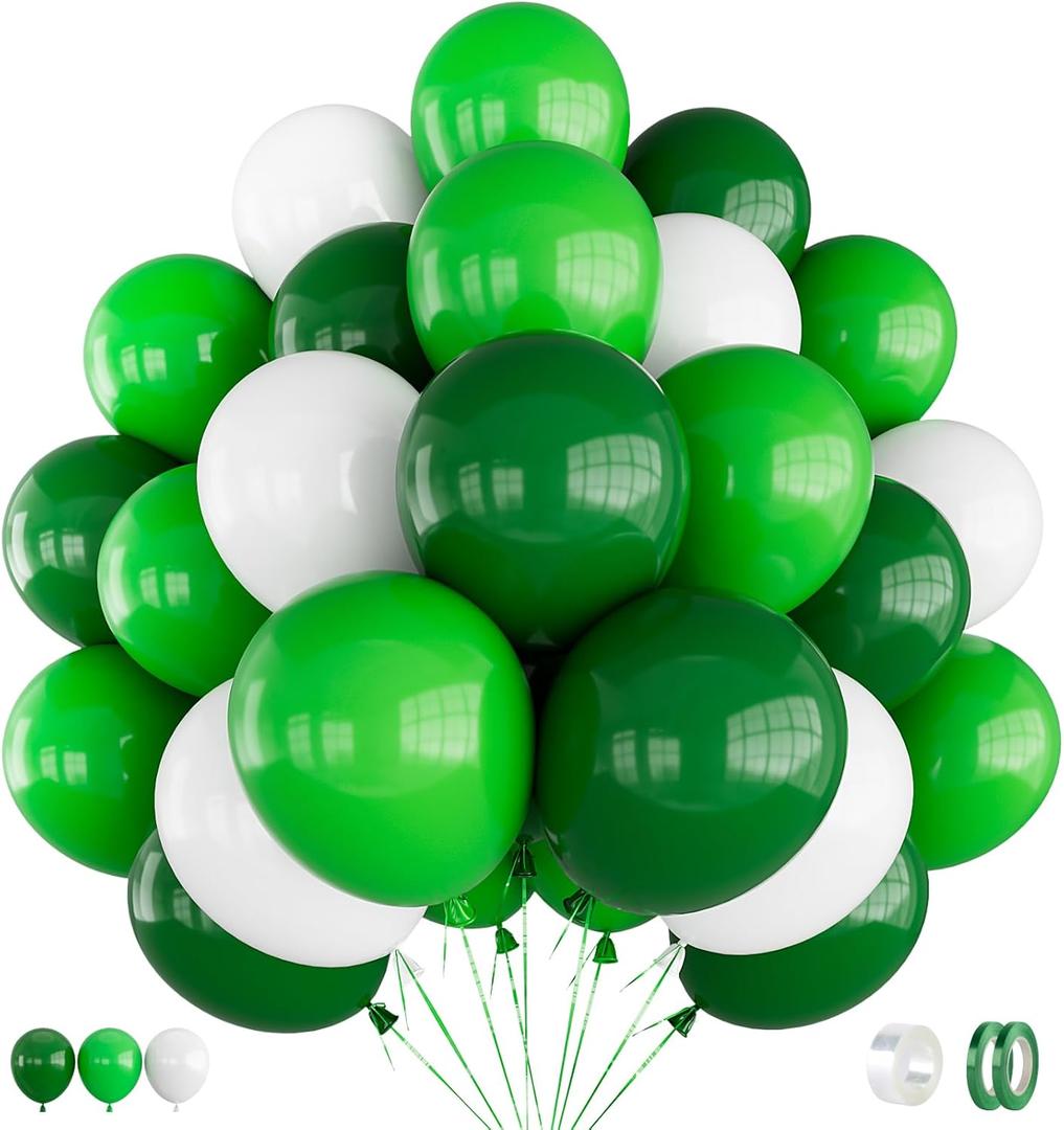 Green and White Balloons, 60 Pcs 12 inch Dark Green Balloons White Party Balloon Natural Latex Balloon for Jungle Safari Birthday Baby Shower Party Decorations