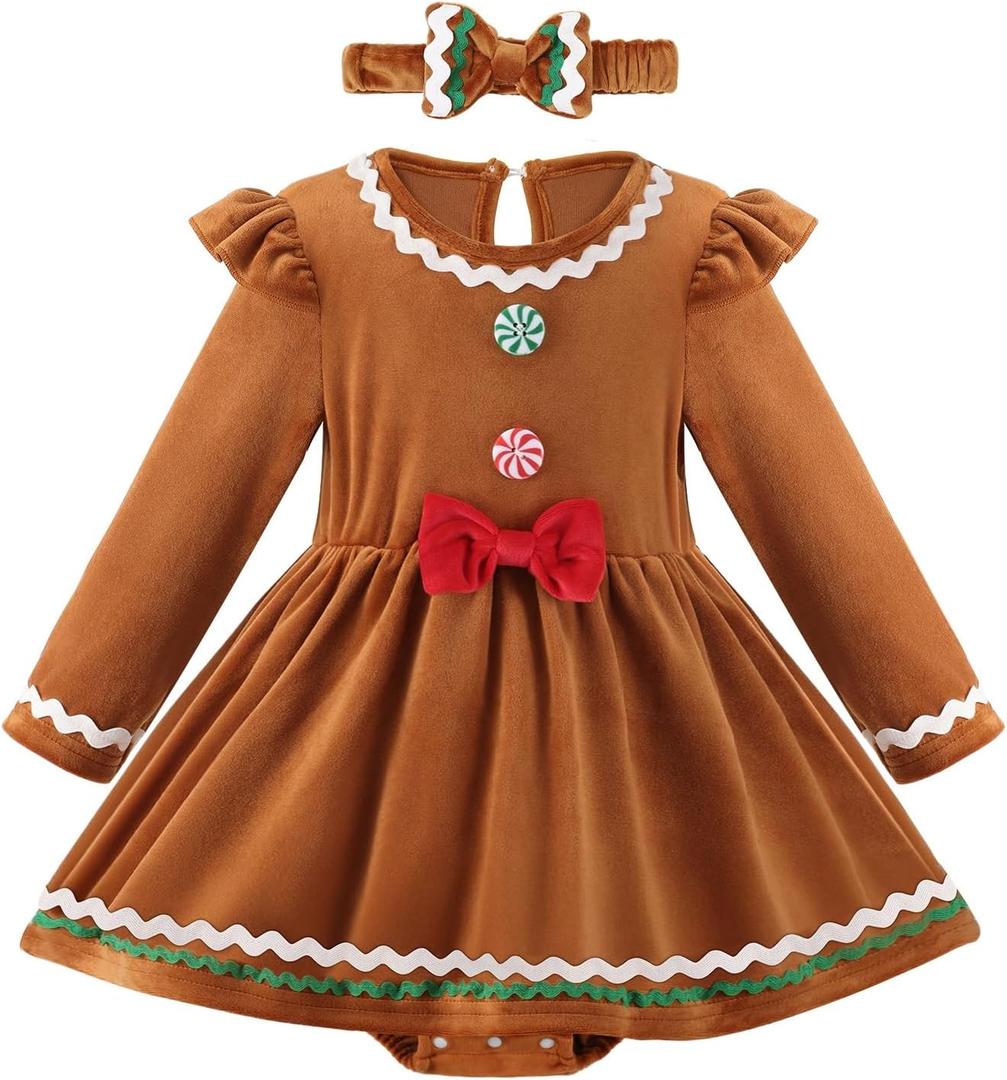 Ochine Newborn Baby Girl Christmas Romper Dress Infant Long Sleeve Fall Winter Velvet Dress Christmas Outfit with Headband (0-3 Months, Brown)