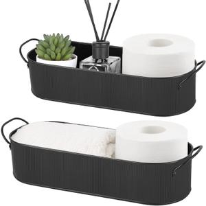 Mkono Metal Storage Basket for Toilet Tank Top Bathroom Decor, Galvanized Tray with Handle for Shelves, Farmhouse Toilet Paper Holder Organizing Bin Box for Countertop Living Room, Set of 2, Black