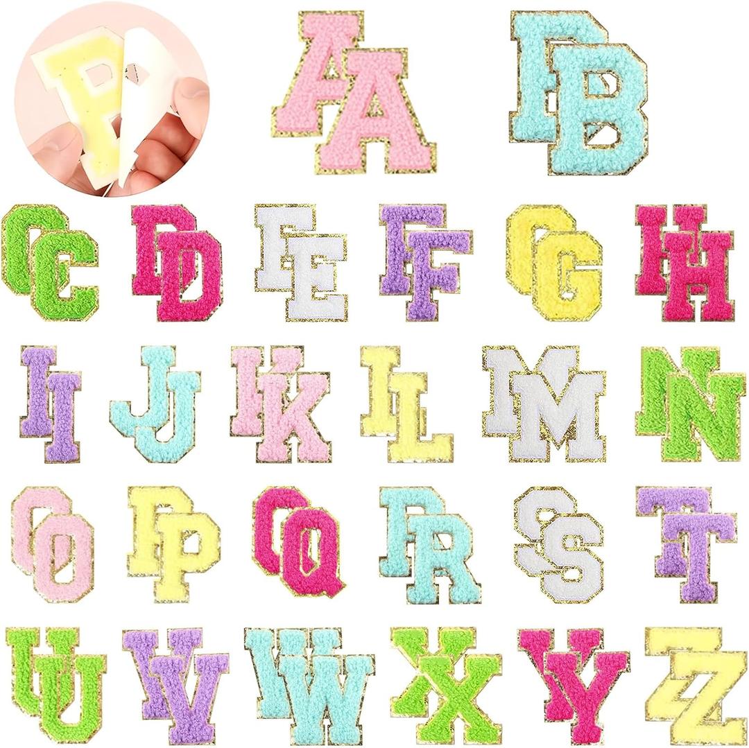 52 Pcs Self-Adhesive Chenille Letters Patches, A-Z Alphabet Applique Patches Stick on Letters Embroidered Letter Stickers for Clothing, Makeup Hats, Bags, Backpacks, Laptops (Multicolor)