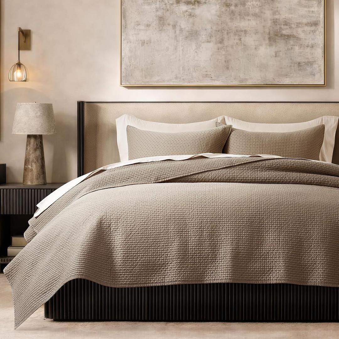EVERGRACE Cotton Sateen Pick-Stitch Quilt Set King Size 100% Cotton Lightweight Coverlet Bedding, Pre-Washed Oversized Bedspread, Breathable All-Season Quilt Set with 2 Shams, Stone Taupe