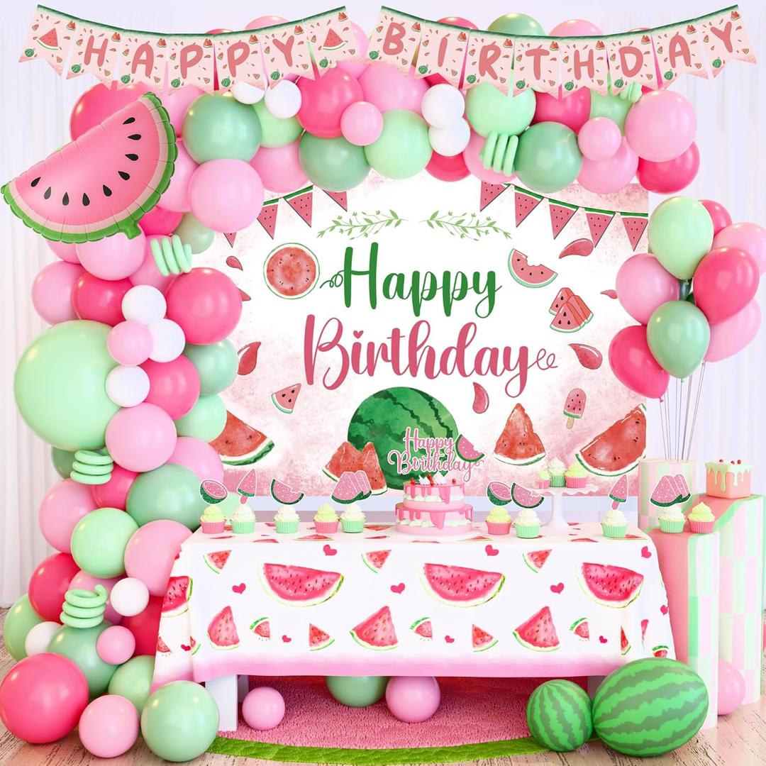 Watermelon Birthday Party Decorations, Summer Watermelon Party Supplies, Melon Backdrop Balloon Garland Banner Cake Cupcake Topper Tablecloth for Summer Birthday Party
