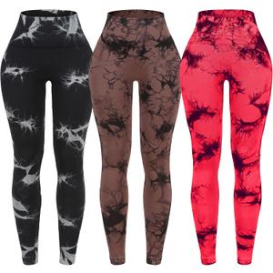 OVESPORT 3 Pack Tie Dye Seamless High Waisted Workout Leggings for Women Scrunch Butt Lifting Yoga Gym Athletic Pants (Small, Brown/Black/Light Red)