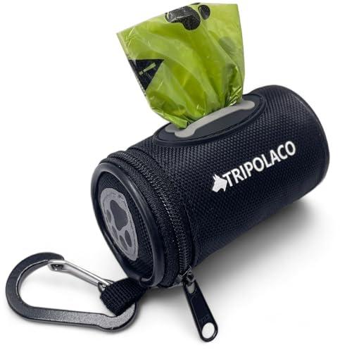 TRIPOLACO Dog Poop Bag Holder for Leash, Easy Release Doggie Poop Bag Dispenser, Fits Most Standard Poo Bags, Soft Fabric Dog Waste Bag Holder with Carabiner Clip, Compatible with All Leashes, Black