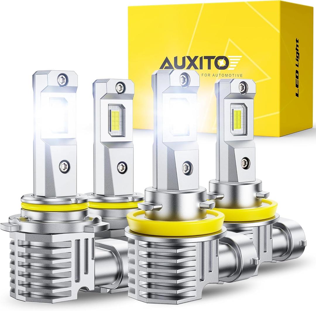 AUXITO 9005 H11 LED Bulbs Combo, 60,000LM Super Brighter, 1:1 Halogen Mini Size, 6500K White H9 H8 HB3 Driving Light Bulbs, Plug and Play,Pack of 4