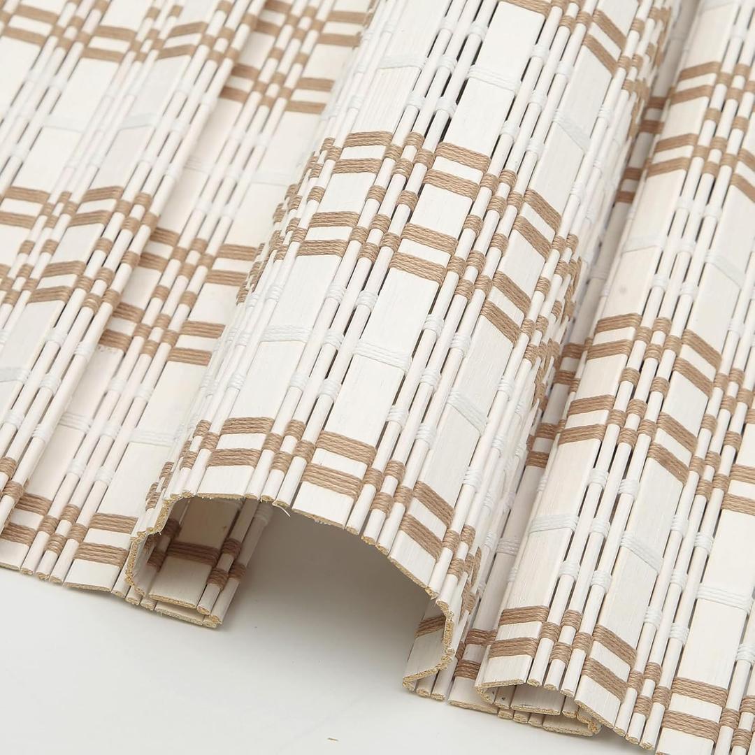 Bamboo Roman Shades Cordless Blinds, Custom Blackout Natural Bamboo Blinds with 6 Inches Valance, Natural 100% Bamboo and Linen Window Blinds for Windows, Pattern SW205-02
