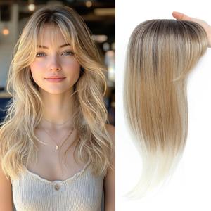 18 inch Hair Topper for Women with Bangs 3D 360 Cover Fluffy Toppers Synthetic Long Straight Hair Toppers Thinning Hair Pieces Clip in Bangs with Topper Rooted Light Brown with Blonde Highlights