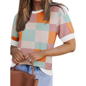 Zeagoo Women Short Sleeve Sweater Summer Crew Neck Dressy Casual Soft Knit Pullover Tops Trendy (Medium, Pink)