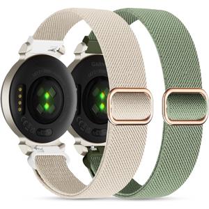 Elastic Nylon Bands Compatible with Garmin Lily 2, 14mm Stretchy Nylon 2 Pack Soft Loop Straps Quick Release Replacement Adjustable Wristband for Lily 2 Classic/Active Smart Watch Accessory for Women (Starlight+Pine Green)