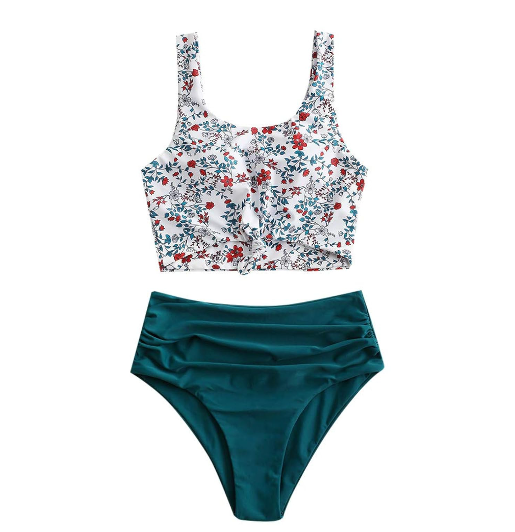 ZAFUL Women's High Waisted Tankini Scoop Neck Knotted Two Pieces Tankini Set Swimsuit, M