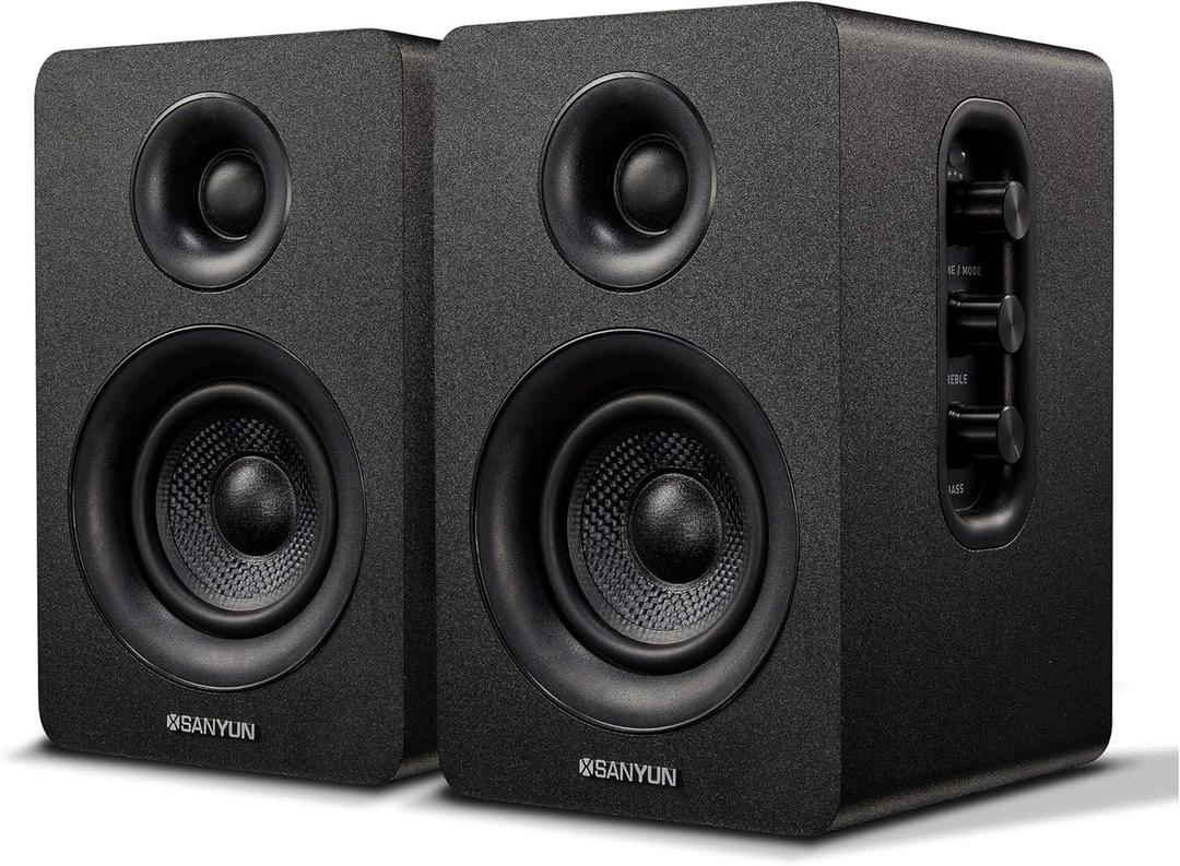Sanyun SW208 3" Active Bluetooth 5.0 Bookshelf Speakers  60W Carbon Fiber Speaker Unit - Built-in 24bit DAC - Dynamic 3D Surround Sound  2.0 Computer PC Monitor Gaming Speakers (Pair, Black)