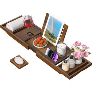 Wooden Bathtub Tray for Luxury Bathroom, Expandable Premium Teak Bath Tray, Adjustable Bath Accessories for Tub, as Unique Housewarming, Holiday, Birthday Gifts