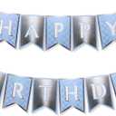 2 x Happy Birthday Banner – Custom Designed Cardboard Boys and Girls Birthday Decoration – Stylish Party Sign for Space, Sports, or Milestone Themes (Light Blue and Silver)