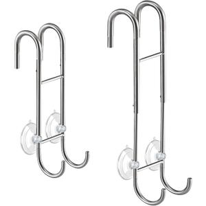 Shower Door Towel Hooks (2-Pack), 9"~13" Length Adjustable Hook for Framed & Frameless Over The Door Glass, Squeegee Holder, Towels Hanger for Bath Suits Rozer Robes Loofahs Shavers, Silver