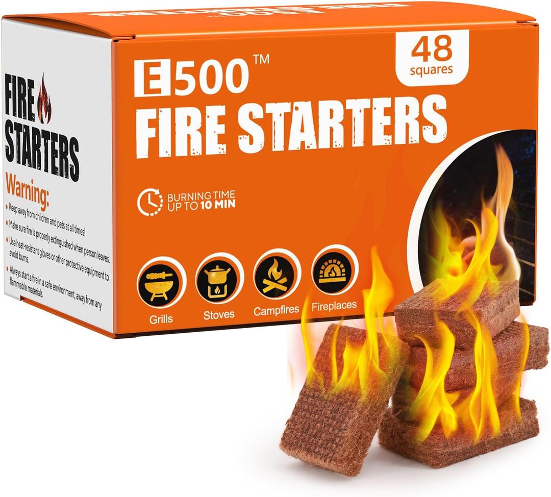 E500 Fire Starter for Fireplace, Campfires, Fire Pits, BBQ, Grills, Larger Charcoal Fire Starter Squares, 48-Count Firestarter
