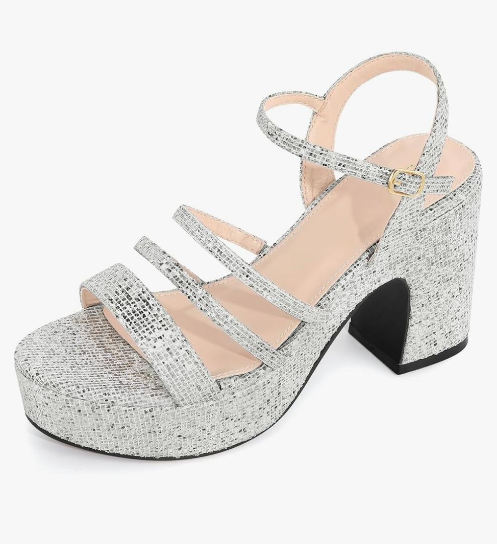 Allegra K Women's Glitter Sparkly Strappy Platform Chunky Heels Sandals, 8"