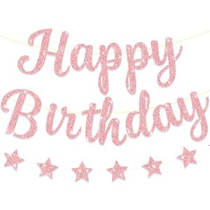 Pink Happy Birthday Banner for Women/Girl Birthday Party Decorations Glitter Star Birthday Garland Banner Sign