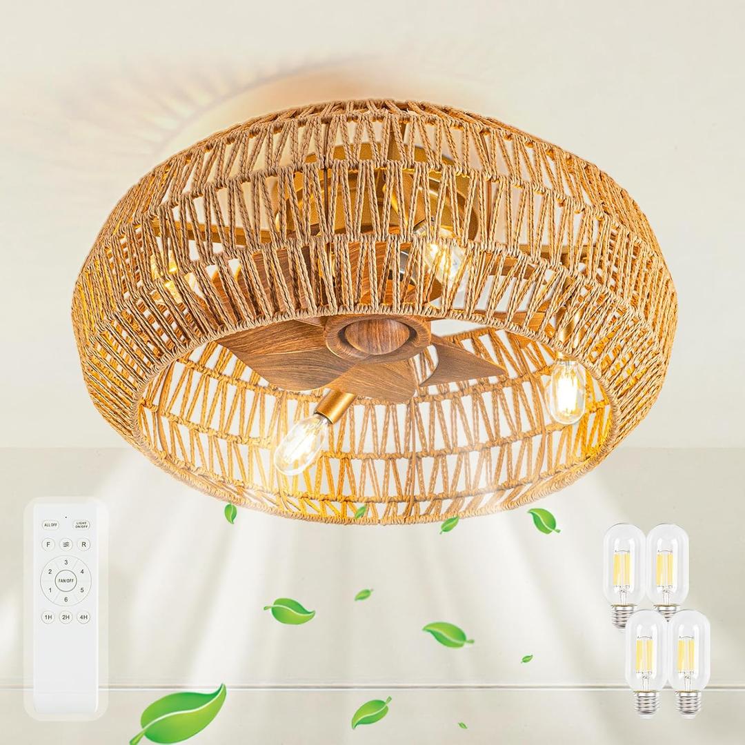 20" Boho Ceiling Fans with Lights (Bulbs Included), Low Profile Caged Ceiling Fan with Light and Remote, Rattan Flush Mount Ceiling Fan with 8 Reversible Blades for Bedroom, Living Room (20 Inch, Rattan Ceiling Fan)