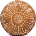 Moroccan Leather Handmade Pouf Ottoman Cover, Unstuffed Foot Stool, Round Boho Footrest for Living Room, Bedroom, Home Decor Gift (Brown By White)