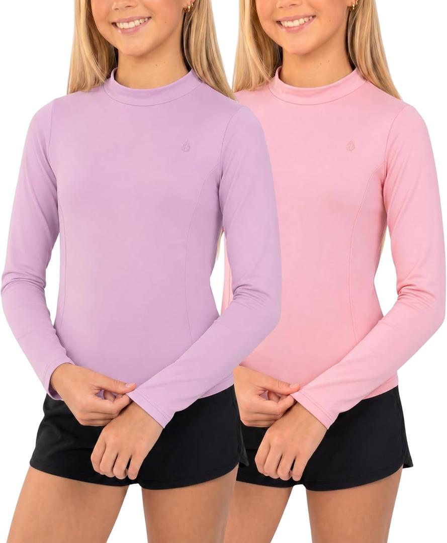 Volcom Girls Rash Guard 2-Pack Long Sleeve UPF 50+ Swim Shirt Sun Protection Swimwear for Kids (Pink)