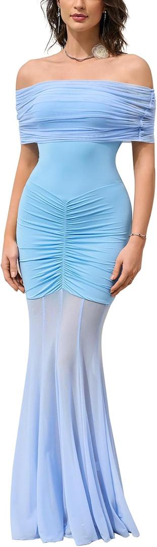 HTZMO Women Sexy Off Shoulder Bodycon Maxi Dress Strapless Ruched Wedding Guest Formal Party Long Dresses (Medium, Blue)