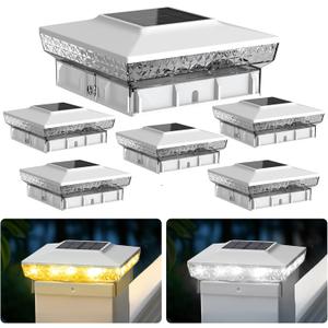 Solar Post Cap Lights, 6 Pack Upgraded Outdoor Deck Fence Post Solar Lights for 4x4 5x5 Wood/Vinyl Posts, IP65 Waterproof, 10-12 Hours Warm/Cool White Glow for Garden/Patio/Porch - White