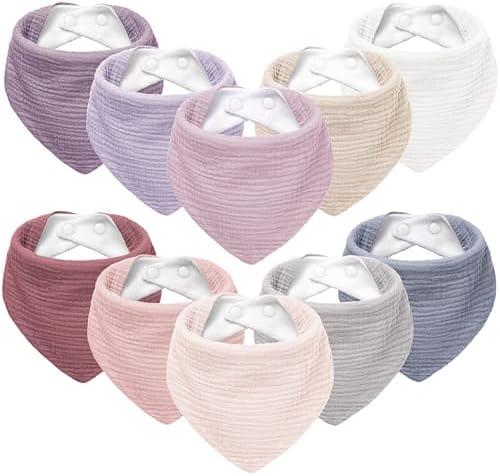 Susurration Muslin Baby Bibs 10Pack Baby Bandana Drool Bibs Soft Adjustable Newborn Bibs for Unisex Baby Girls & Boys (Pinkpurple)