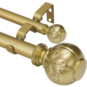 Heavy Duty Adjustable Double Curtain Rod for Windows 28 to 48 Inches 1 Inch Diameter Decorative Rods with Maple leaf Finials & Sturdy Brackets for Living Room, Bedroom Easy to Install, Warm Gold
