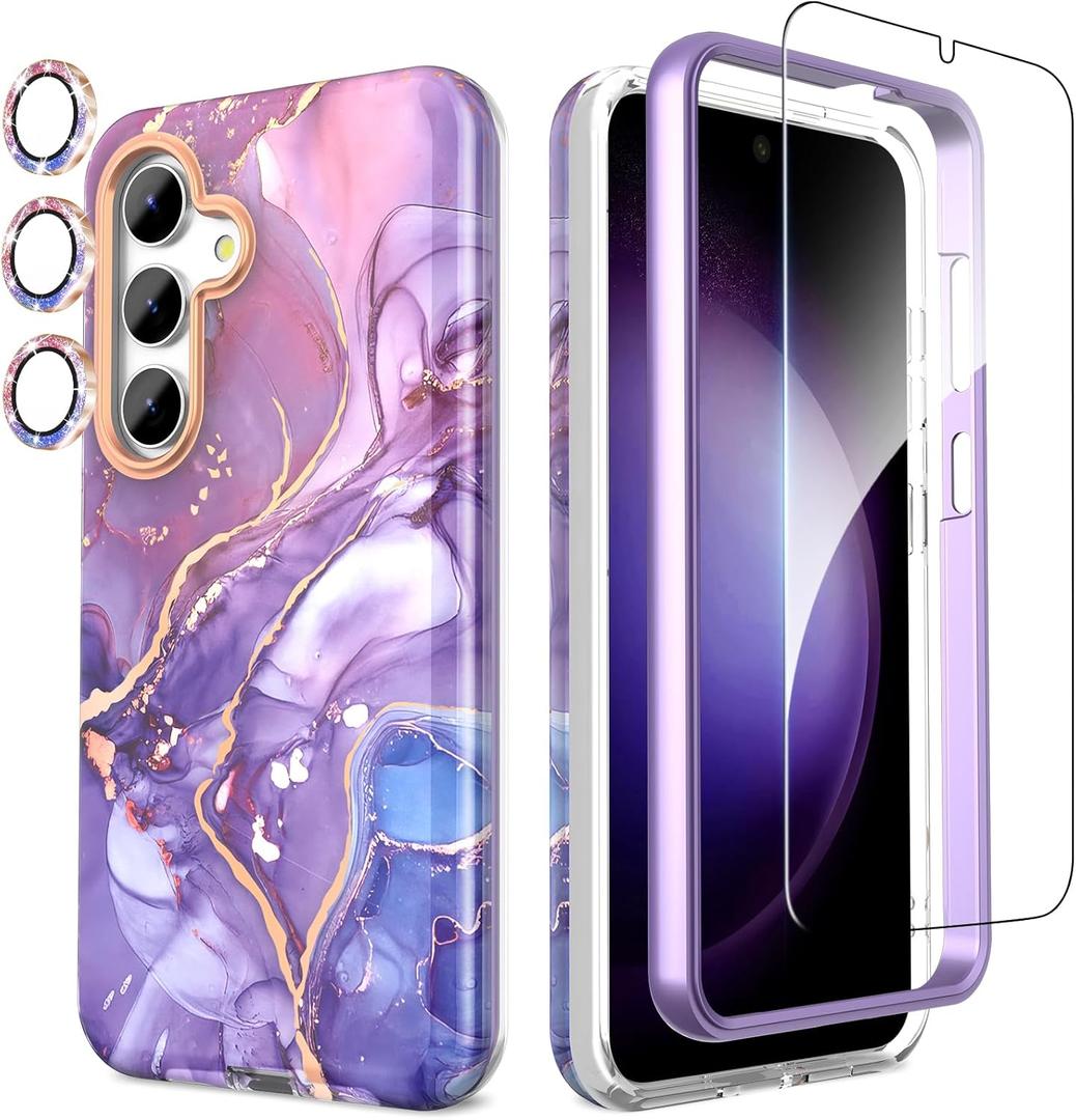 SHEDEER Designed for Samsung Galaxy S24 Plus Case with Shiny Camera Cover & Screen Protector, TPU Shockproof Protective, Fade-Proof Chic Stylish Pattern Phone Cases Cover for S24 Plus, Purple