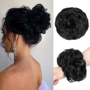 1PCS Messy Bun Hair Piece Wavy Curly Thick Updo Hairpiece Synthetic Chignon Hair Bun Scrunchies Extension for Women (Black)