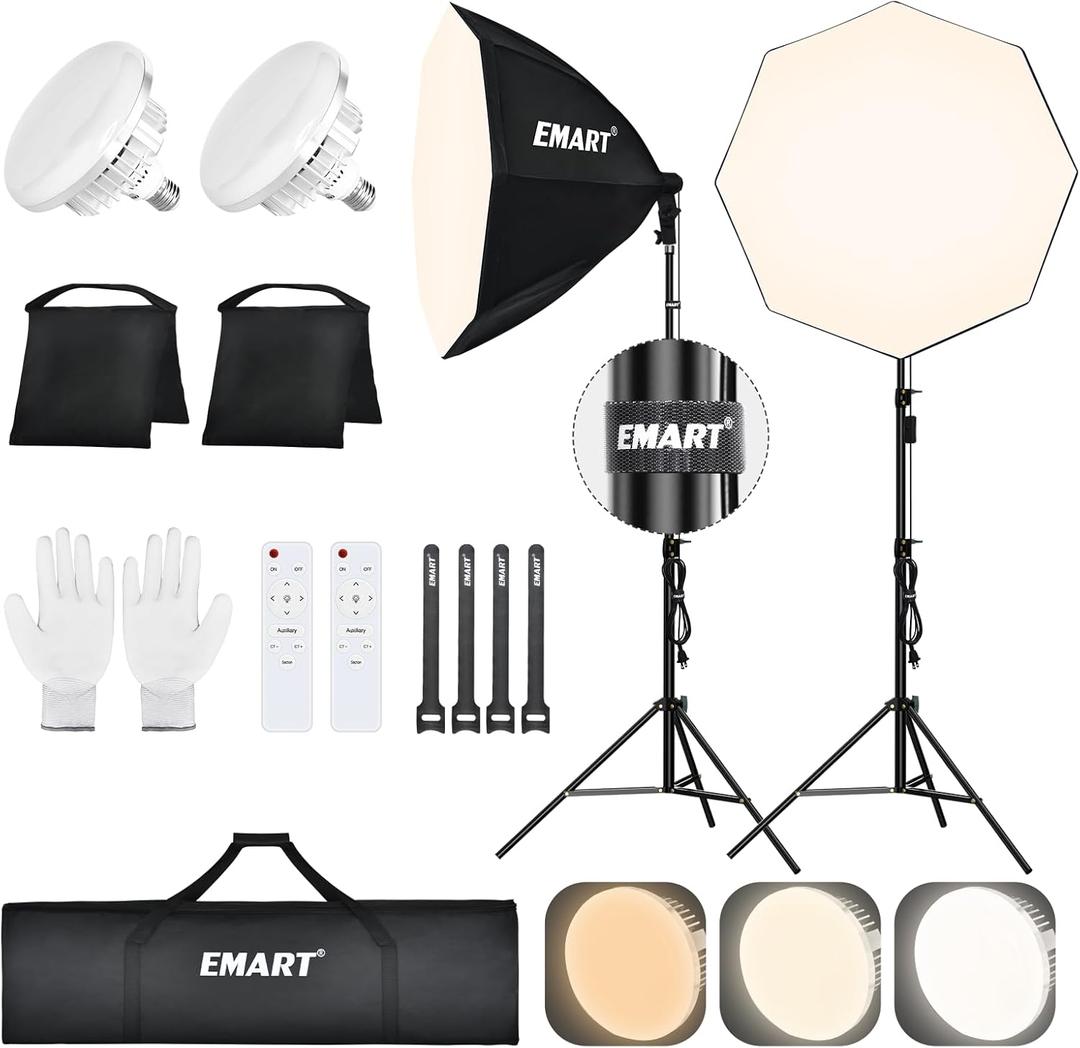 EMART Softbox Lighting Kit with Sandbag, 25.5" (65cm) Diameter Soft Box Lights with 2x135W 3000-6500K Remote Controlled LED Bulb, Photography Lighting Kit for Studio Video Recording, Filming, Portrait