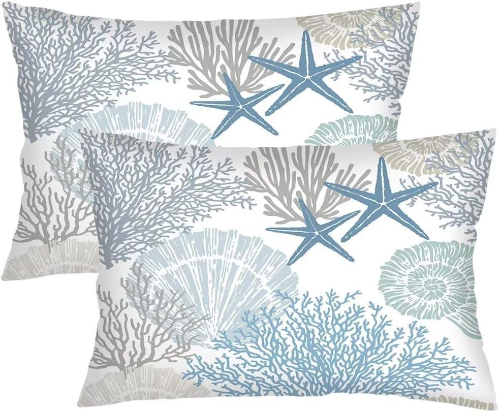 Beach Theme Throw Pillow Cover Queen Size Set of 2,Nautical Blue Coral Starfish Ocean Marine Coastal,Lumbar Pillow Case Standard Pillow Cases with Zipper Decorative Cushion Covers,20"x30",Teal Blue (Color 8)