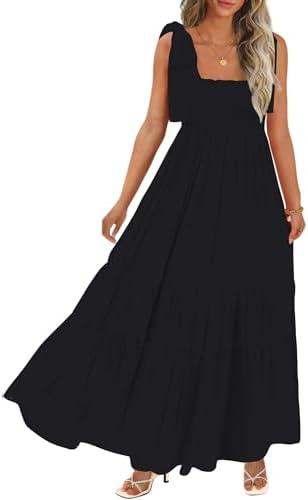 CURBODO Women's Summer Maxi Dress Boho Spaghetti Straps Casual Long A-line Smocked Beach Dress Square Neck Flowy Sun Dress,M