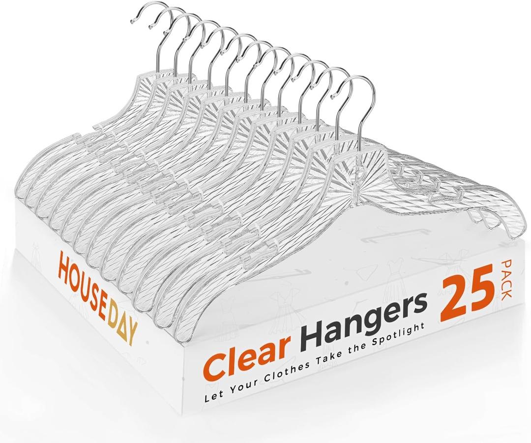 HOUSE DAY Clear Plastic Hangers 25 Pack, Durable Crystal Hangers for Clothes, Light Weight Plastic Dress Hanger for Women, Versatile 16.7 Hanger for Closet and Retail Use, with 360 Swivel Hook