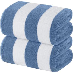 White Classic Beach Towels Oversized Cabana Stripe Cotton Bath Towel Large - Luxury Plush Thick Hotel Swim Pool Towels for Adults Super Absorbent Quick Dry - 35x70 Light Blue [2 Pack]