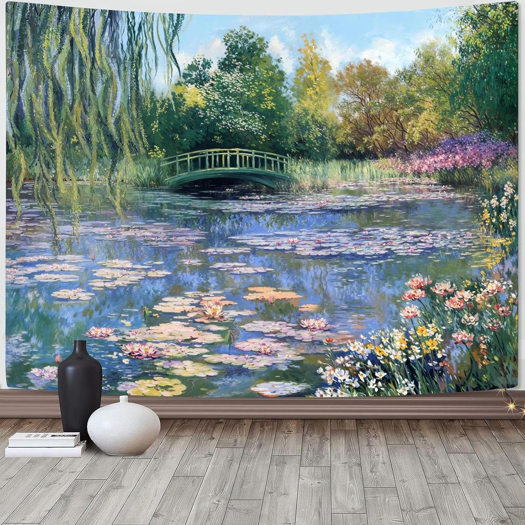 Accnicc Monet Water Lilies Tapestry Green Floral Plant Tapestries Aesthetic Monet Wall Art Posters Nature Flower Garden Landscape Tapestrys for Bedroom Living Room Dorm 80 x 60 Inch
