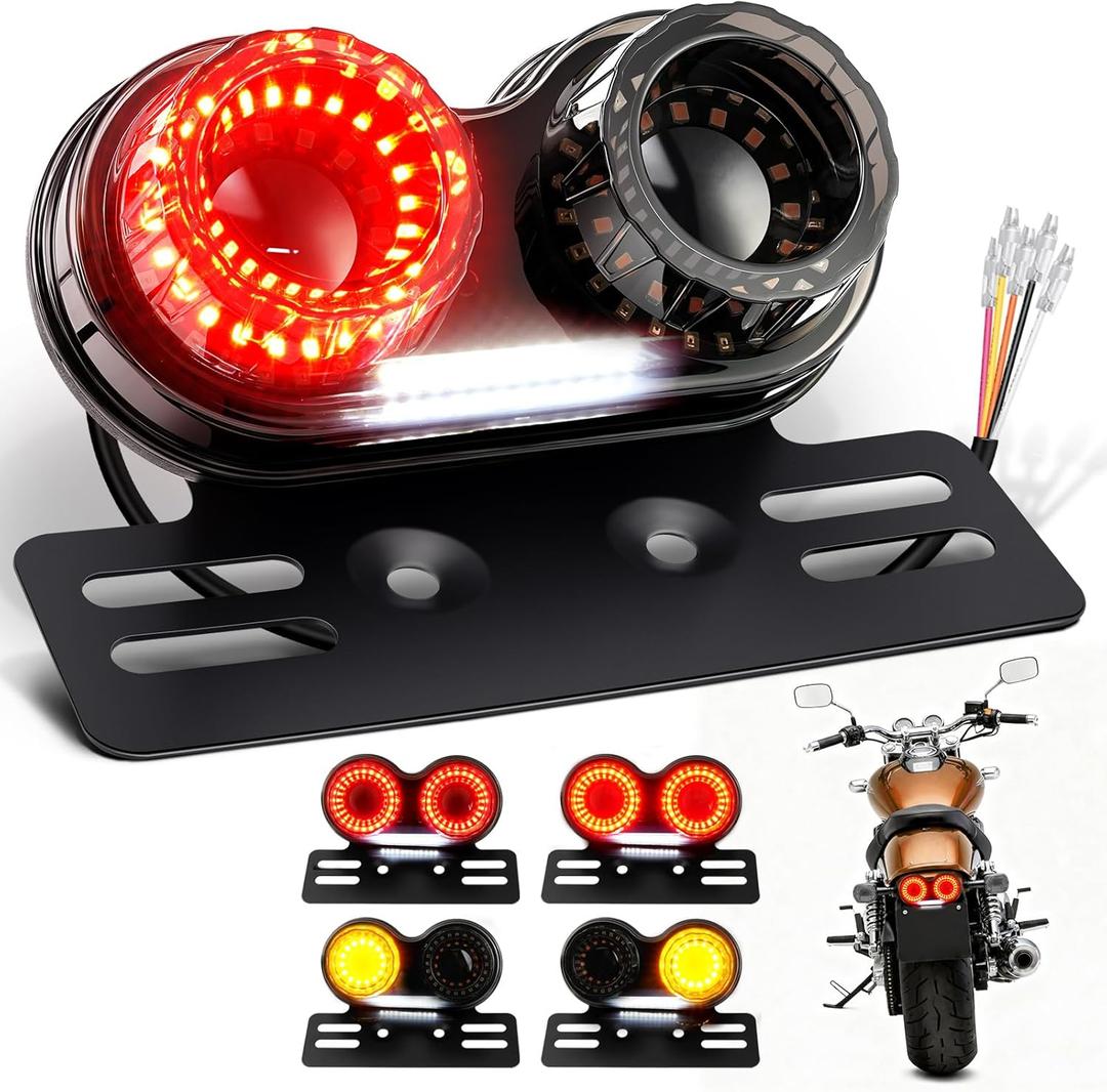 PBYMT Enhanced Motorcycle Tail Light, 90LEDs Break light Running Lights, IP67 Waterproof Turn Signals with License Plate Bracket Compatible with Street Bike Cruiser Chopper Bobber (Smoke)