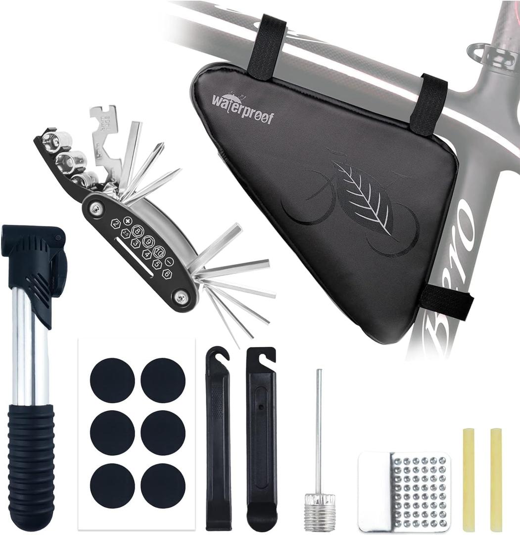 NDakter Bike Bag:Bike Frame Bag & Bicycle Repair Kit, 2L Waterproof Storage Pouch with 16-in-1 Multi-tool, Portable Bike Tool Set for Flat Tire Repair, Cycling Accessories for Mountain Road Bike, MTB