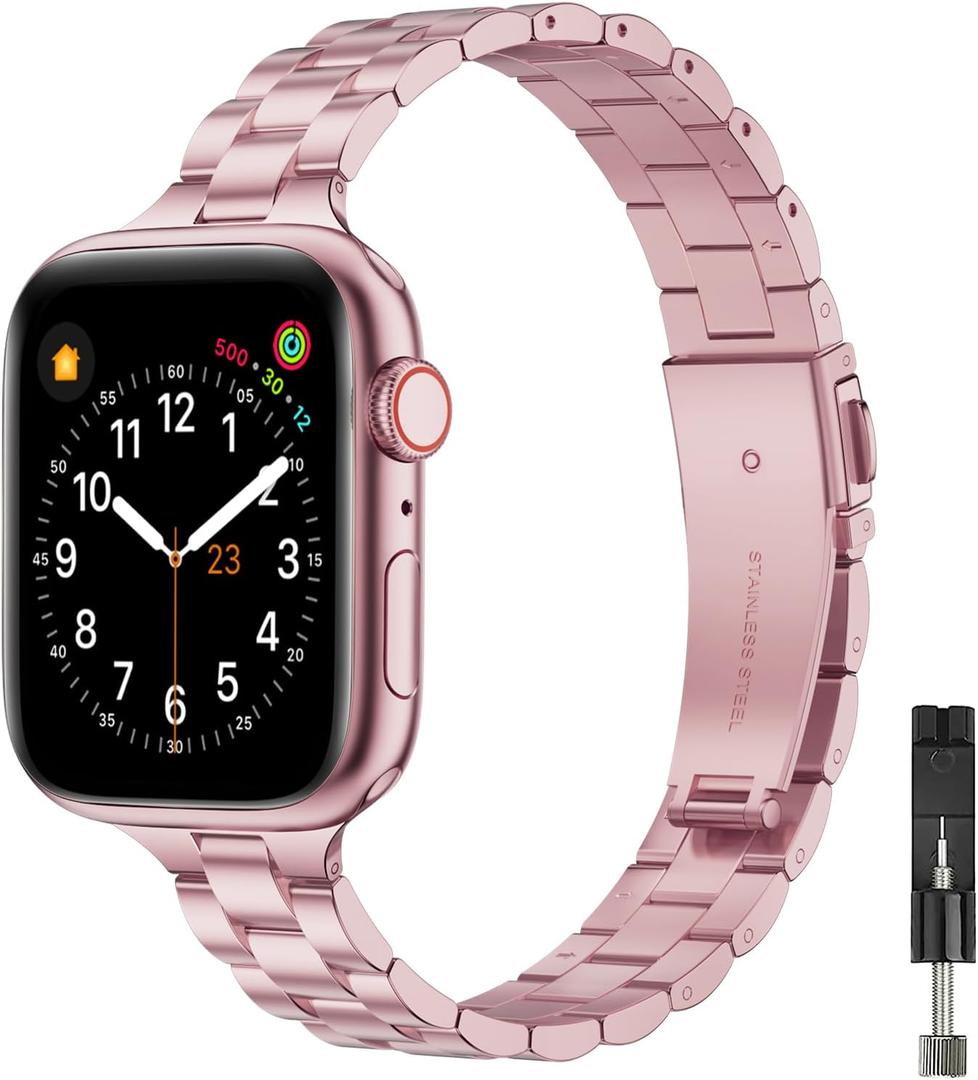 Metal Band Compatible with Apple Watch Bands 40mm 38mm 41mm 44mm 42mm 49mm 45mm for Women, Thin Stainless Steel Replacement Chain Straps for iWatch Ultra SE SE2 Series 9 8 7 6 5 4 3 2 1 (Rose