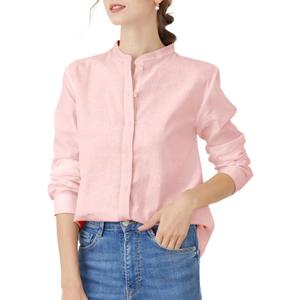 Women's Mandarin Collar Button-Down Shirts Casual Cotton Long Sleeve Blouses, S