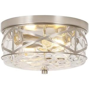 LamQee 9.8" Small Flush Mount Ceiling Light With Clear Hammered Glass, Brushed Nickel Hallway Light Fixtures Ceiling Mount for Bathroom, 2-Lights Farmhouse Close To Ceiling Light Kitchen Foyer Bedroom
