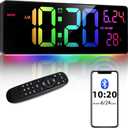 16" Bluetooth Large Digital Wall Clock/Auto Time Sync, 10 RGB Colors Digital Clock Large Display with Remote, Auto-Dimming/DST, Calendar, Timer, Alarm, 6 Night Lights Big Clock for Decor