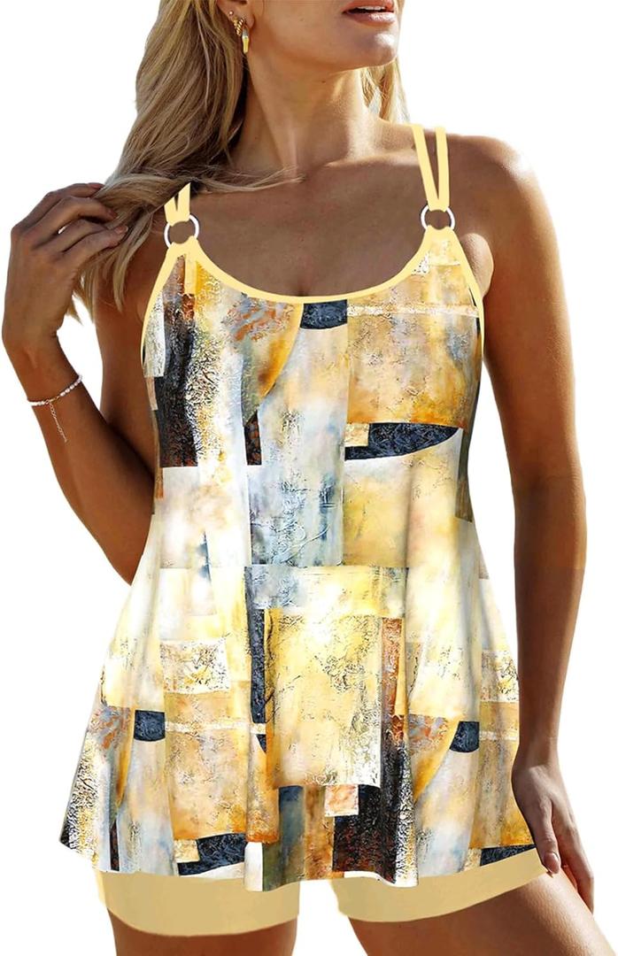 ROSEWE 2025 Tankini Swimsuits for Women, Bathing Suits with Shorts, Modest Swim Dress (X-Large, Light Yellow)