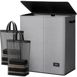 SOLEDI Double Laundry Basket with Lid and Removable bag, Large Laundry Hamper 2 Section with handles, Collapsible Dirty Clothes Hampers for Laundry, Bedroom, Dorm, College