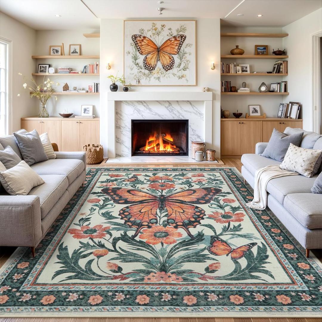 Uphome Area Rugs 9x12 Living Room Clearance, Green Butterfly Rugs for Bedroom, Boho Floral Non-Slip Dining Room Rug, Modern Insect Print Foldable Large Carpet for Dorm Home Office Playroom