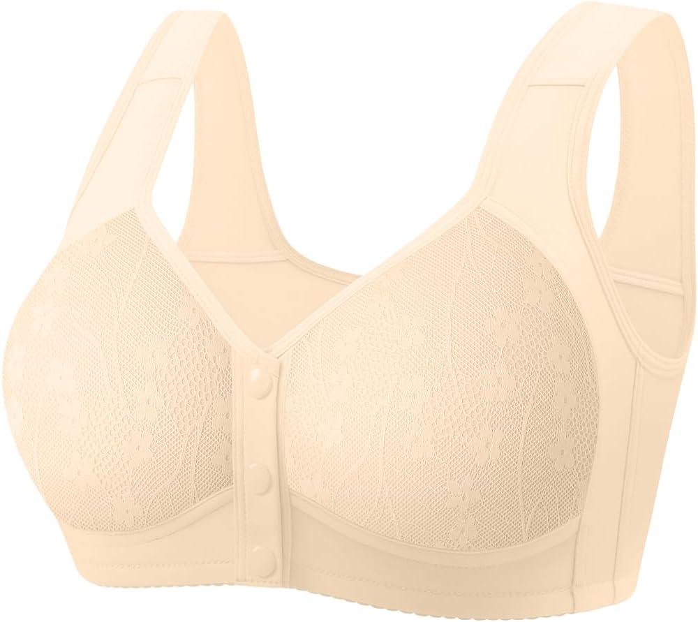 Daisy Lace Bras for Women Front Closure No Underwire Comfort Senior Wireless Snap Closing Bra Z Skin 44B